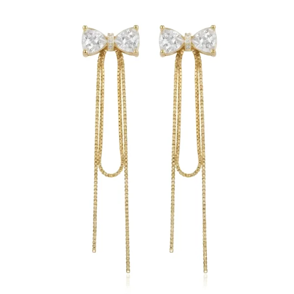 Elegant Gold-Plated Butterfly Bow Crystal Stud Earrings with Chain Drop for Women & Girls
