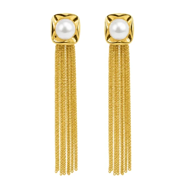 Gold Chain Tassel Earrings Pearl white bg