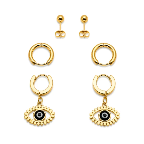 Gold Evil Eye Hoop Earrings Set 3 Pair Combo