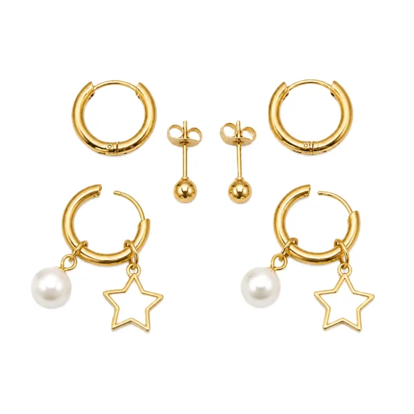 Gold Hoop Earrings with Star and Pearl Charms – 3 Pair Set Stainless Steel on white bg