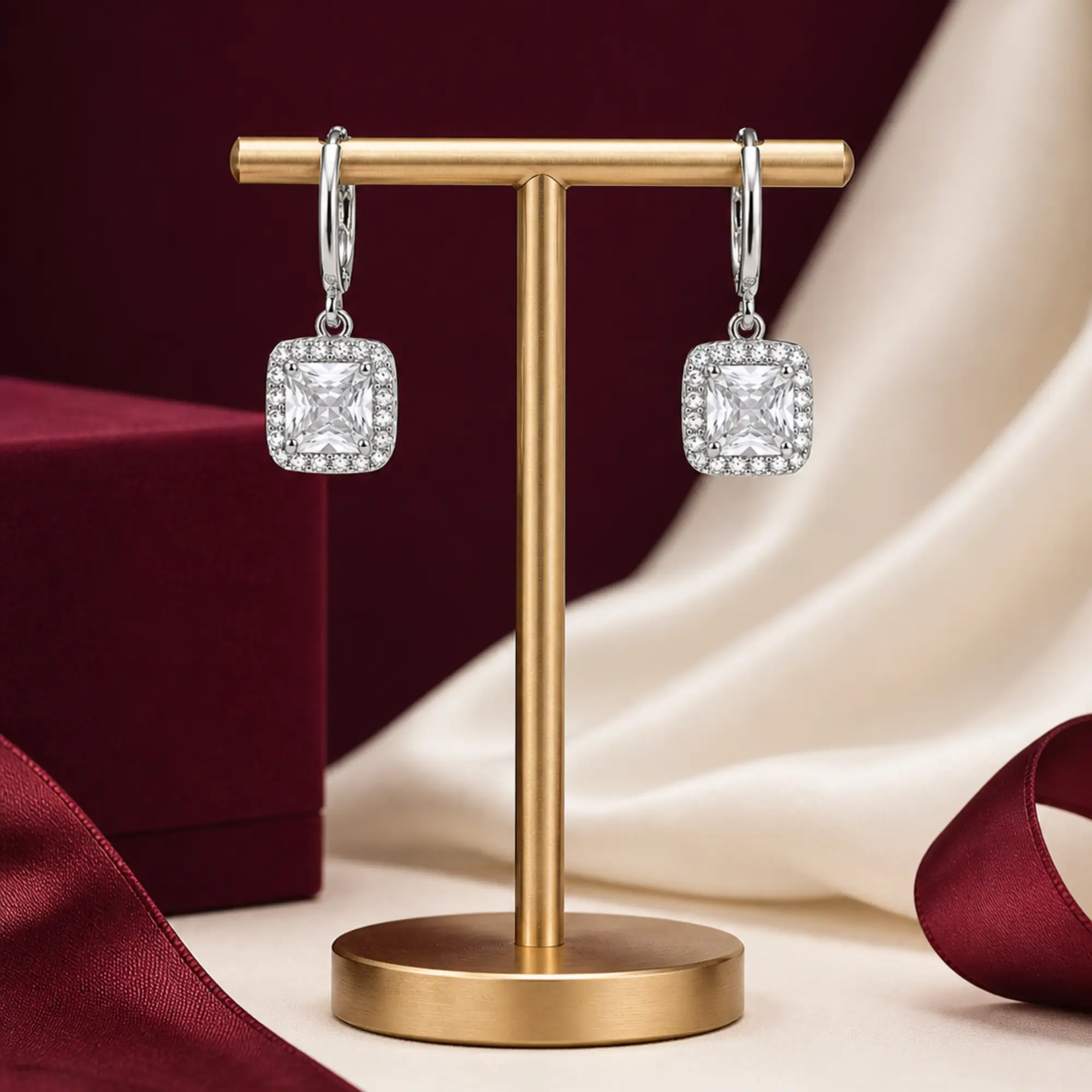 Silver Cushion Cut Crystal Halo Earrings on earring stand in themed bg