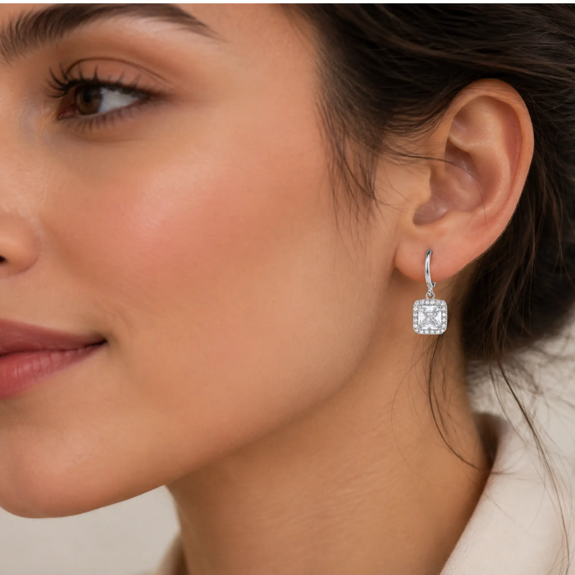 Silver Cushion Cut Crystal Halo Earrings on model