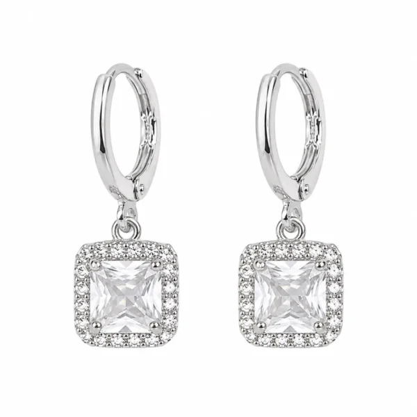 Silver Cushion Cut Crystal Halo Earrings on white bg