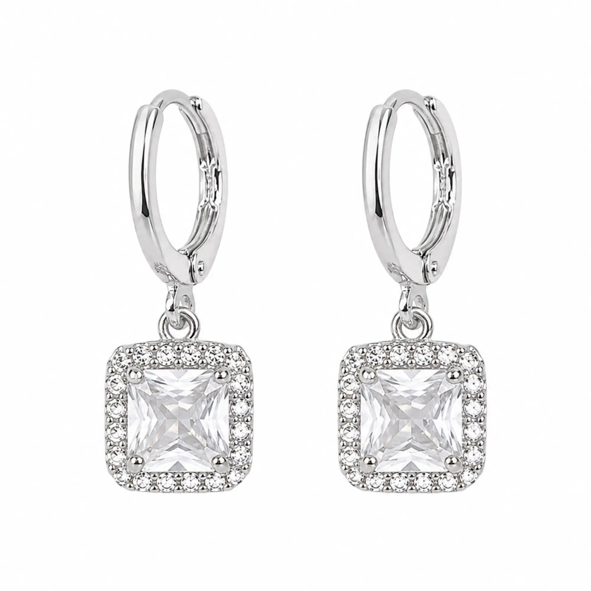 Silver Cushion Cut Crystal Halo Earrings on white bg