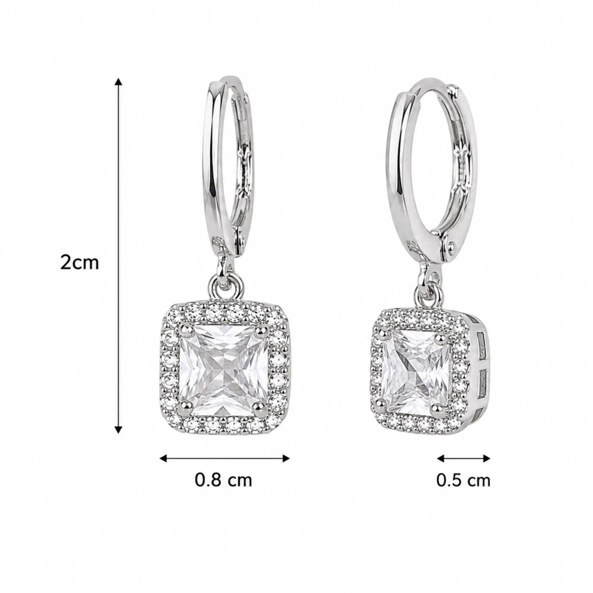Silver Cushion Cut Crystal Halo Earrings with measurements