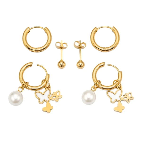 Trendy Gold Plated Butterfly Charm Hoop Earrings Combo for Women & Girls Pearl Drop & Stud Earrings Set Stylish Daily Wear Jewelry