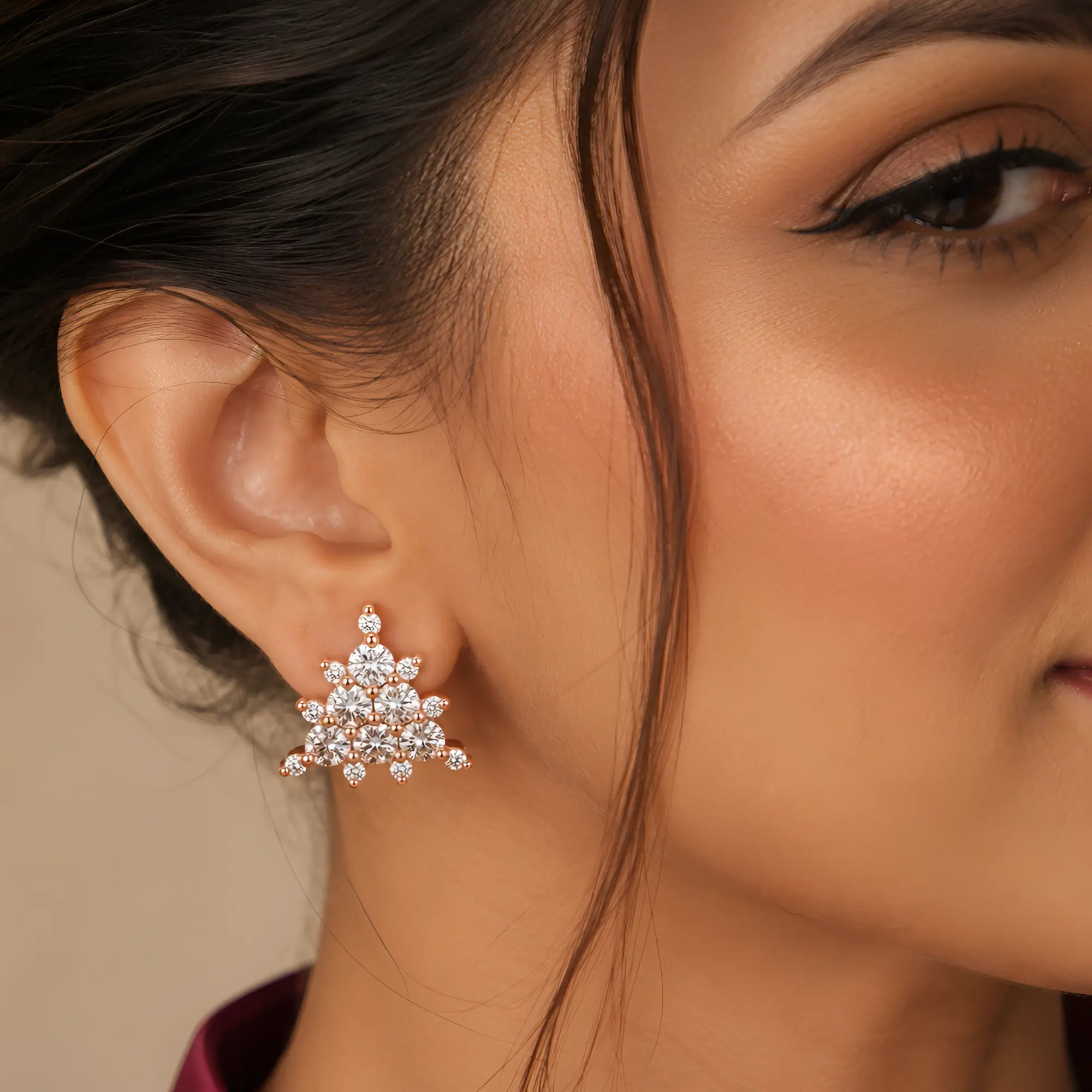 Triangle Diamond Stud Earrings Rose Gold for Women on model