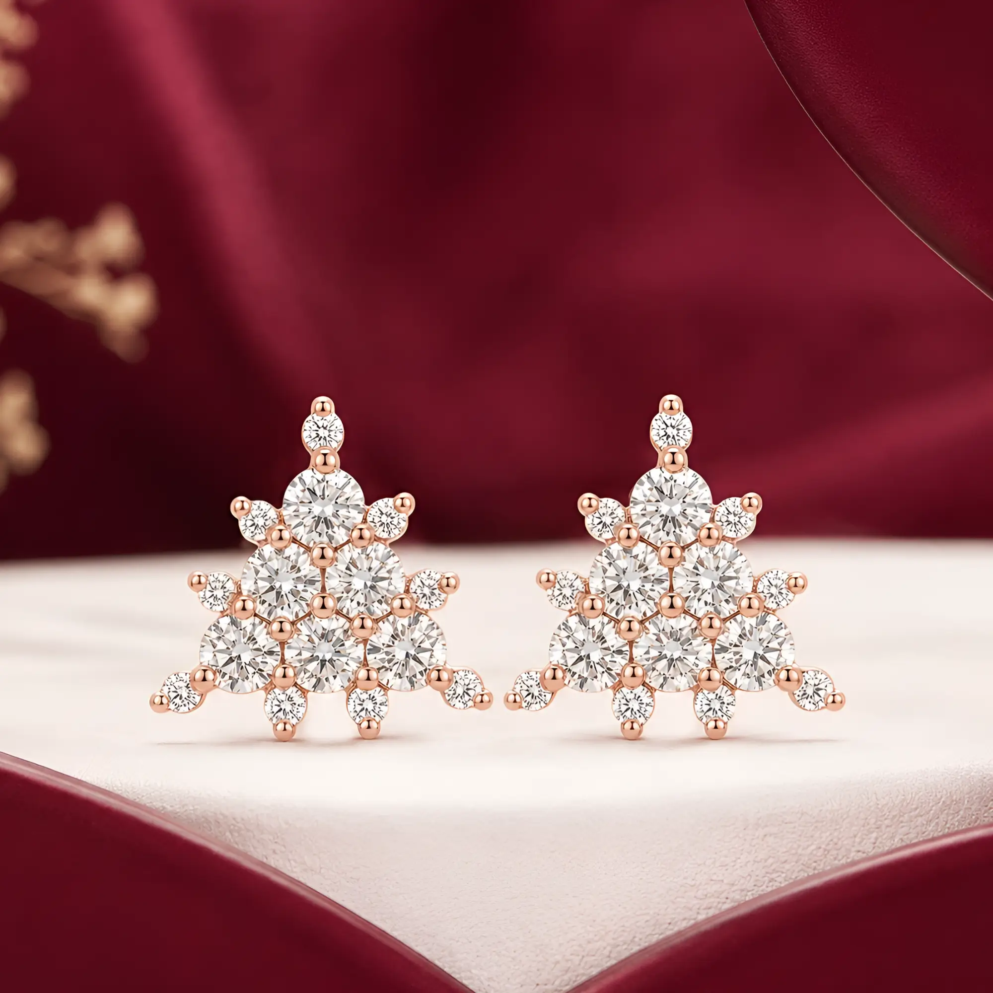 Triangle Diamond Stud Earrings Rose Gold for Women with themed background