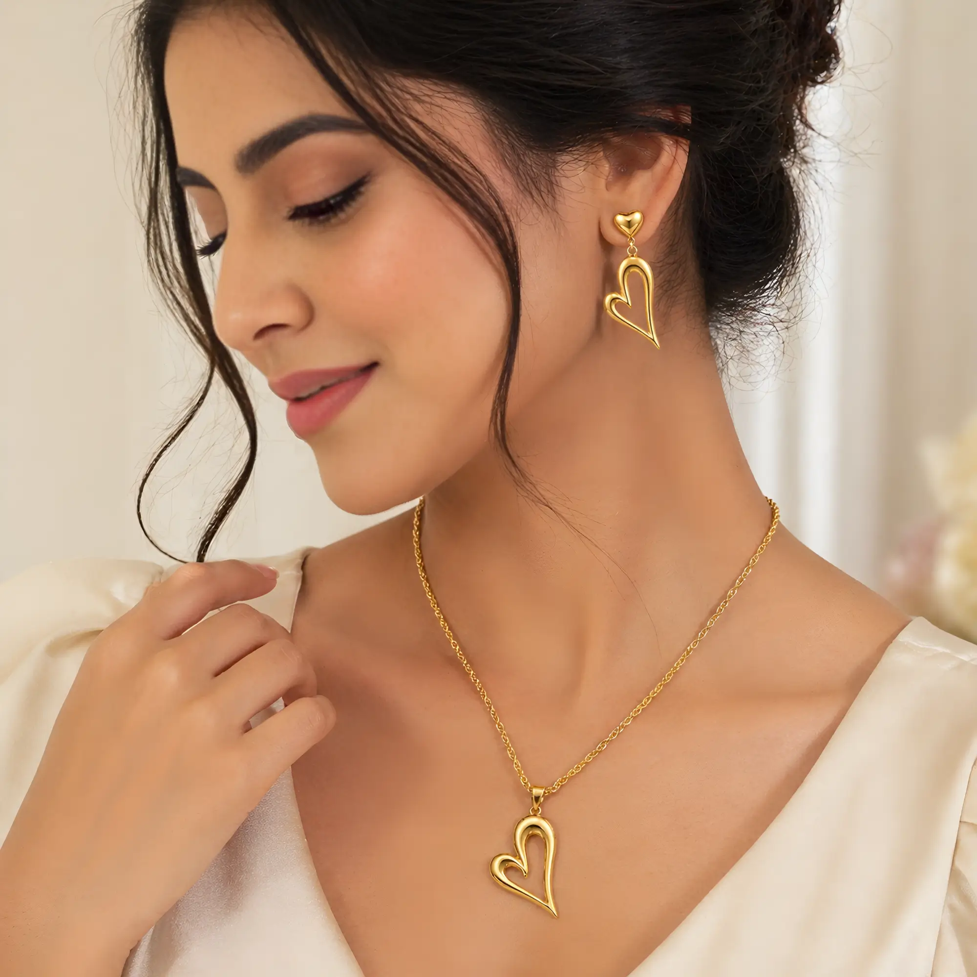 Abstract Gold Heart Jewelry Set - Necklace and Dangle Earrings Matching Set on model