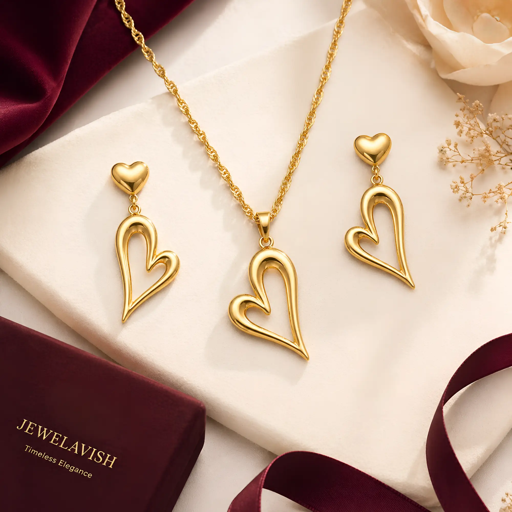 Abstract Gold Heart Jewelry Set - Necklace and Dangle Earrings Matching Set with bg