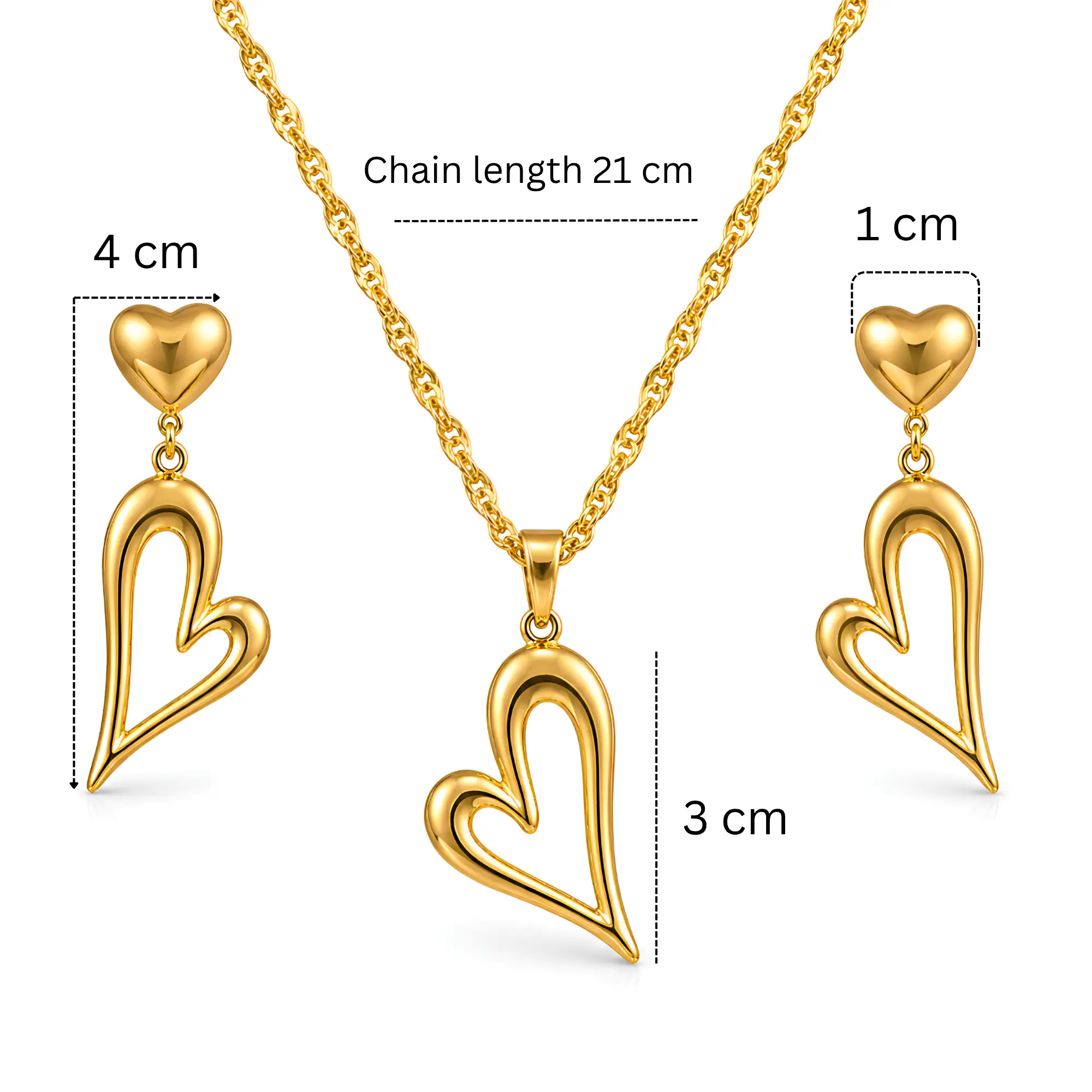 Abstract Gold Heart Jewelry Set - Necklace and Dangle Earrings Matching Set with measurement