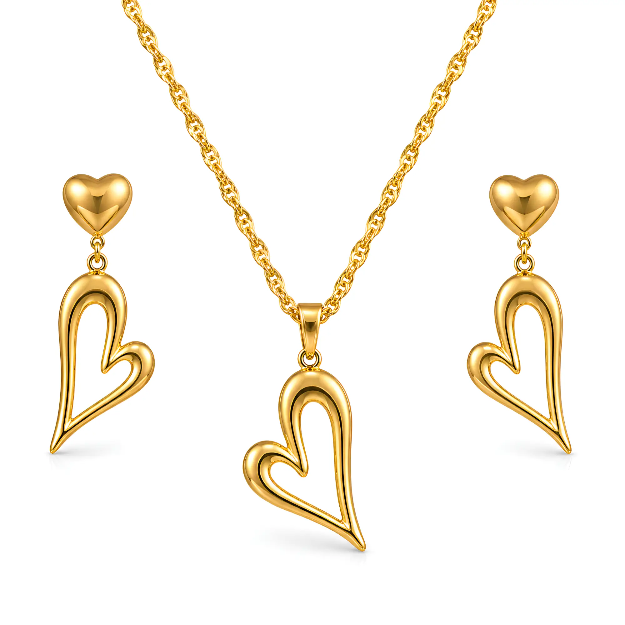 Abstract Gold Heart Jewelry Set - Necklace and Dangle Earrings Matching Set