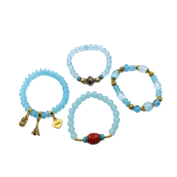 Aqua Blue Beaded Bracelet Set – 4 Piece Stackable Stretch Bracelets with Gold Charms