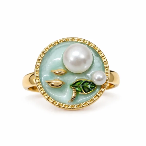 Blue Enamel Pearl Ring – Adjustable Gold Floral Statement Ring with Rhinestone Halo