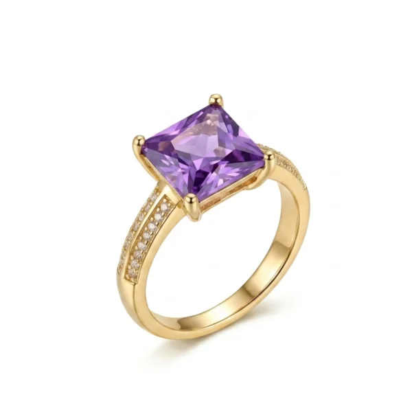 Elegant Gold Plated Purple Stone Ring for Women Square Cut Crystal Ring Party Wear Stylish Jewelry on white bg