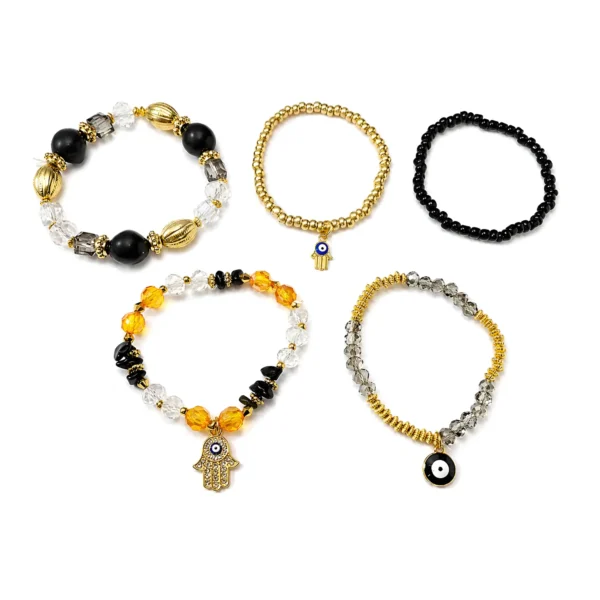 Evil Eye Hamsa Bracelet Set – 5 Piece Protection Stackable Stretch Bracelets with Gold Accents