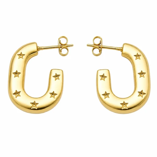 Gold Horseshoe Star Hoop Earrings Celestial Stud Hoops on white bg