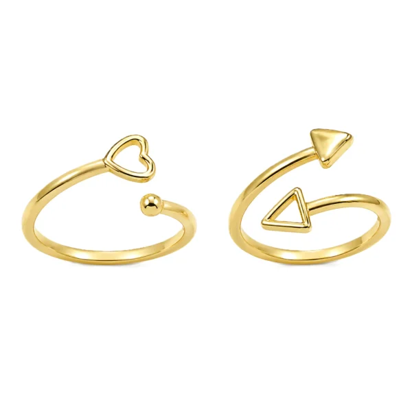 Gold-Plated Adjustable Promise Ring Set – Heart & Geometric Arrow Design