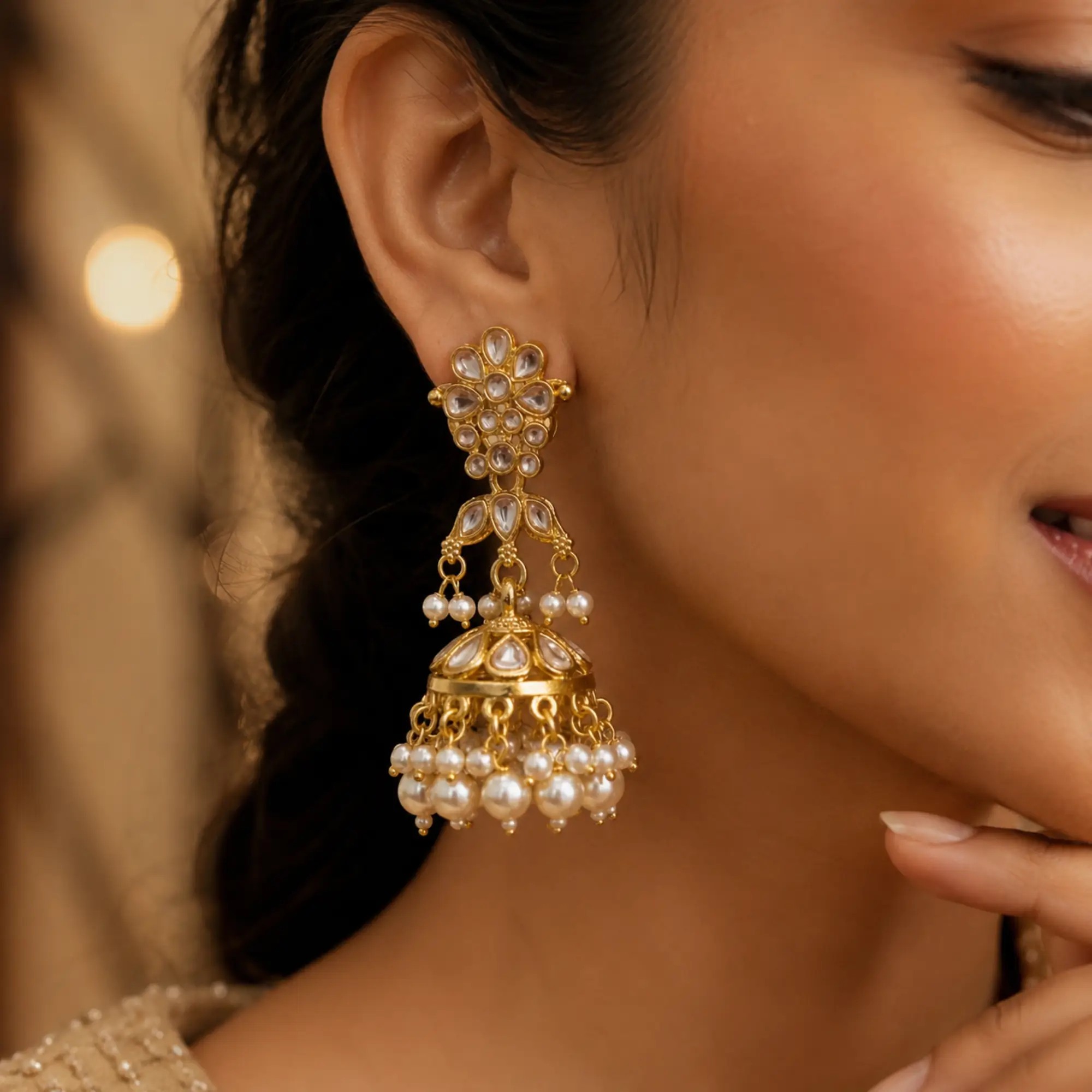 Gold Plated Kundan Pearl Jhumka Earrings for Women Traditional Ethnic Bridal Chandbali Style Earrings