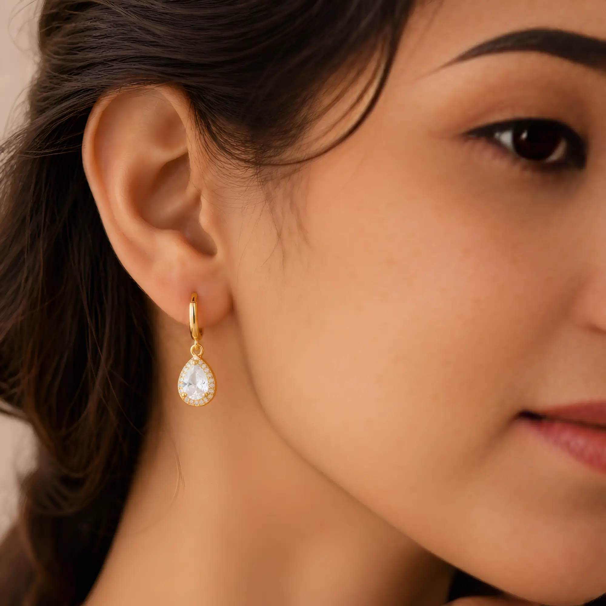 Gold Teardrop Crystal Halo Earrings on model