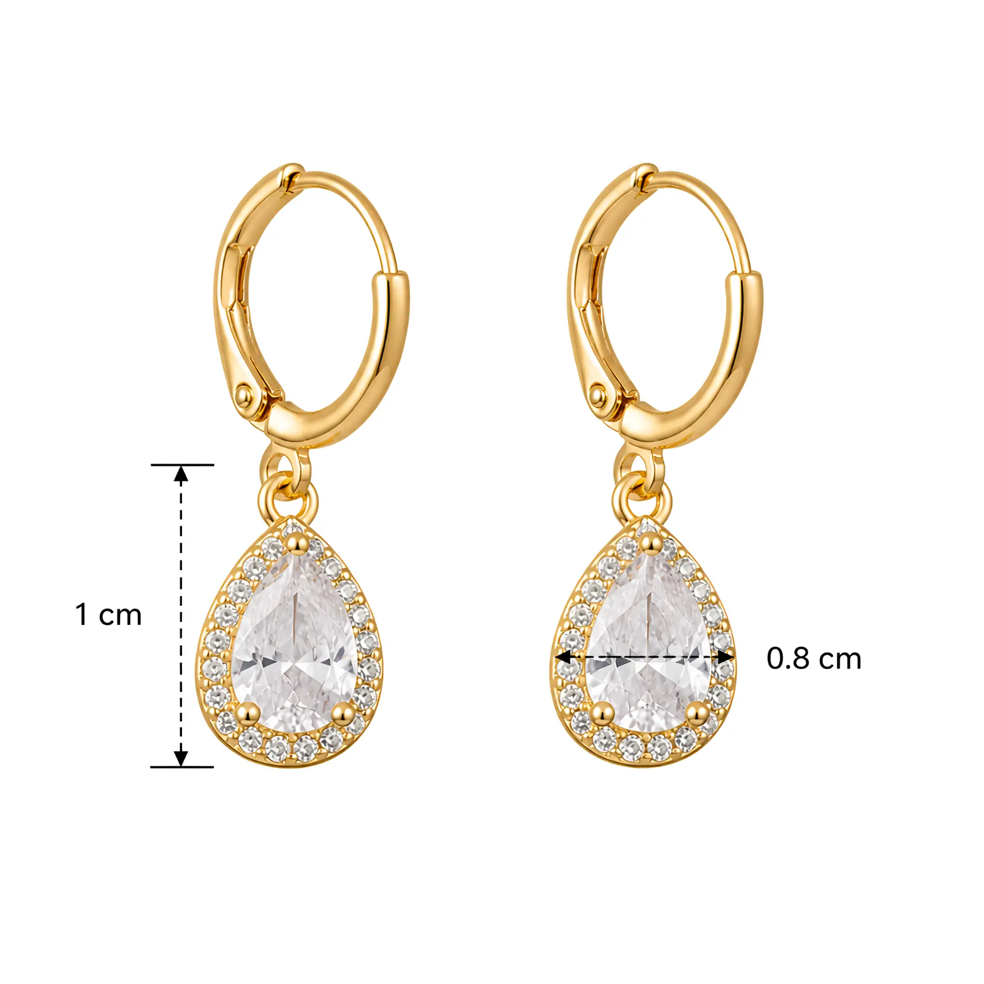 Gold Teardrop Crystal Halo Earrings with measurements
