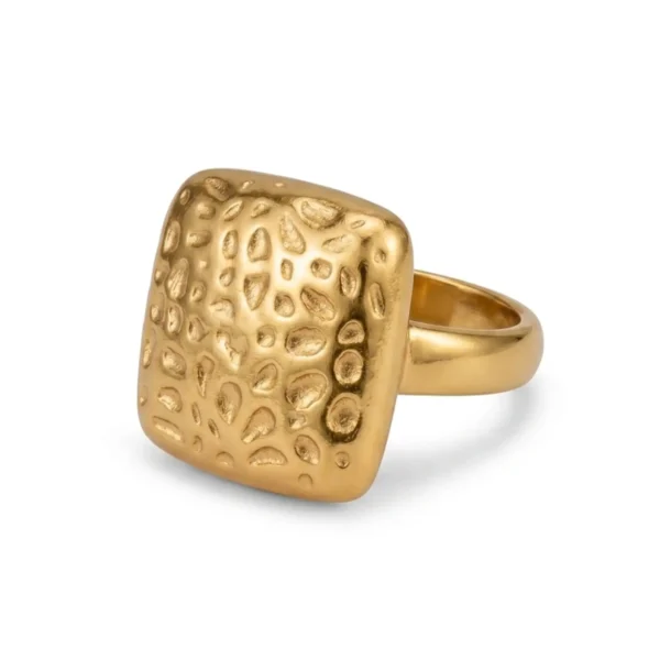 Gold Toned Mokuzai Textured Square Statement Ring on white bg