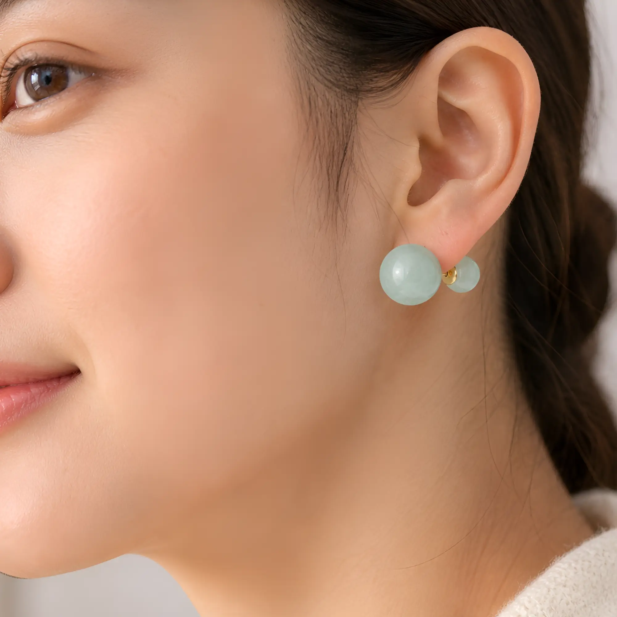 Korean Style Double Sided Spherical Ear Stud on model