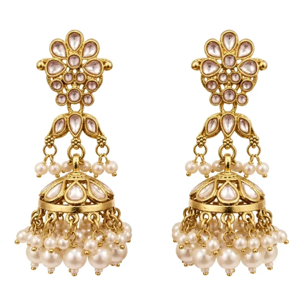 Kundan Pearl Drop Jhumka Earrings Gold Plated