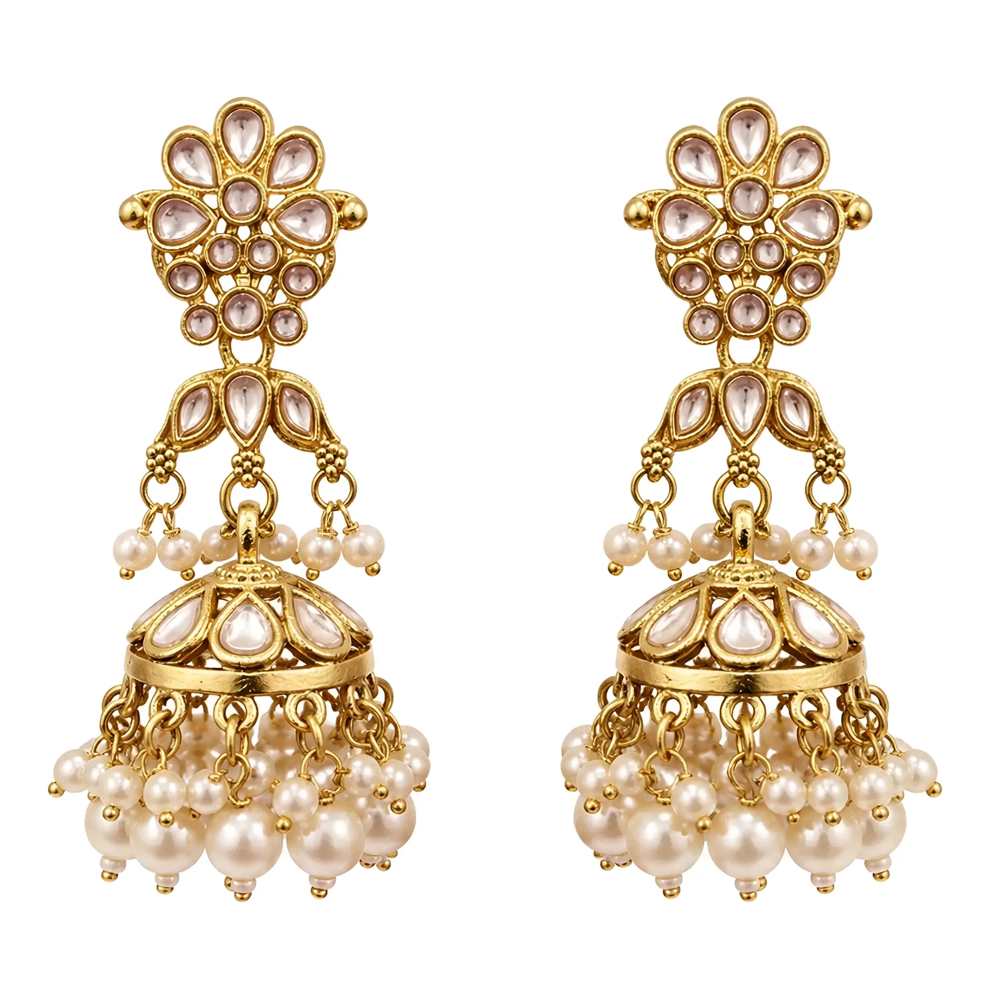 Kundan Pearl Drop Jhumka Earrings Gold Plated