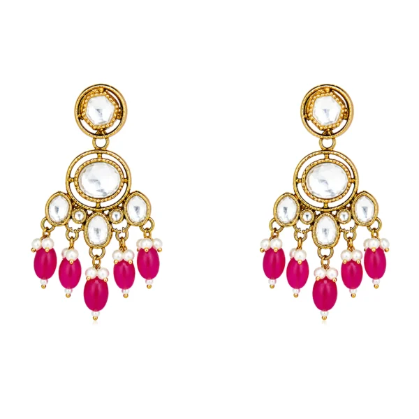 Kundan Polki Earrings Ruby Bead Pearl Drop Gold