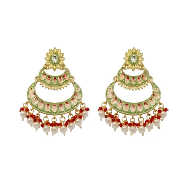 Meenakari Chandbali Earrings, Green Enamel with Pearl and Red Bead Drops, Gold Tone, Traditional Indian Jewelry