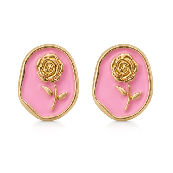Pink Enamel Rose Stud Earrings for Women