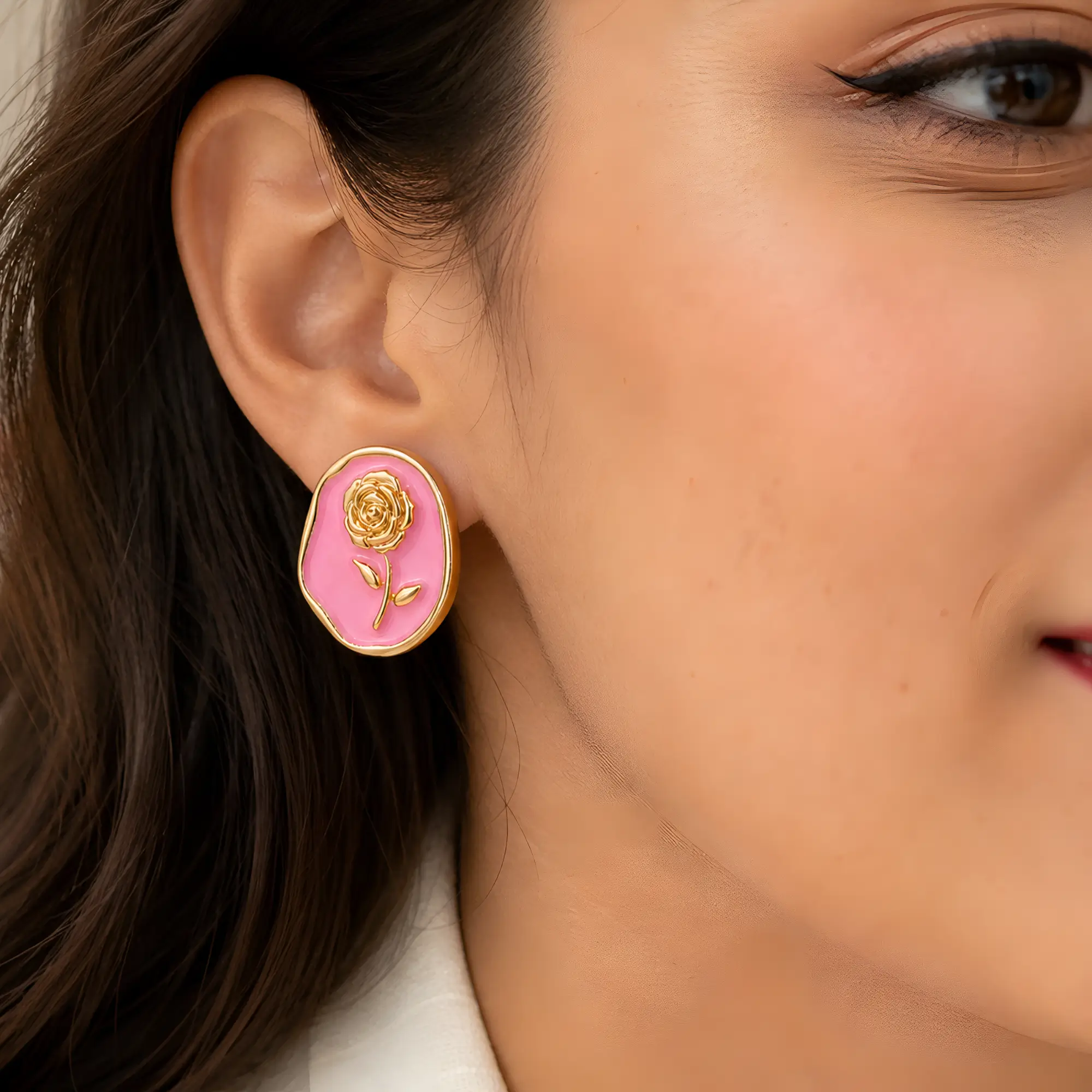 Pink Enamel Rose Stud Earrings for Women on model