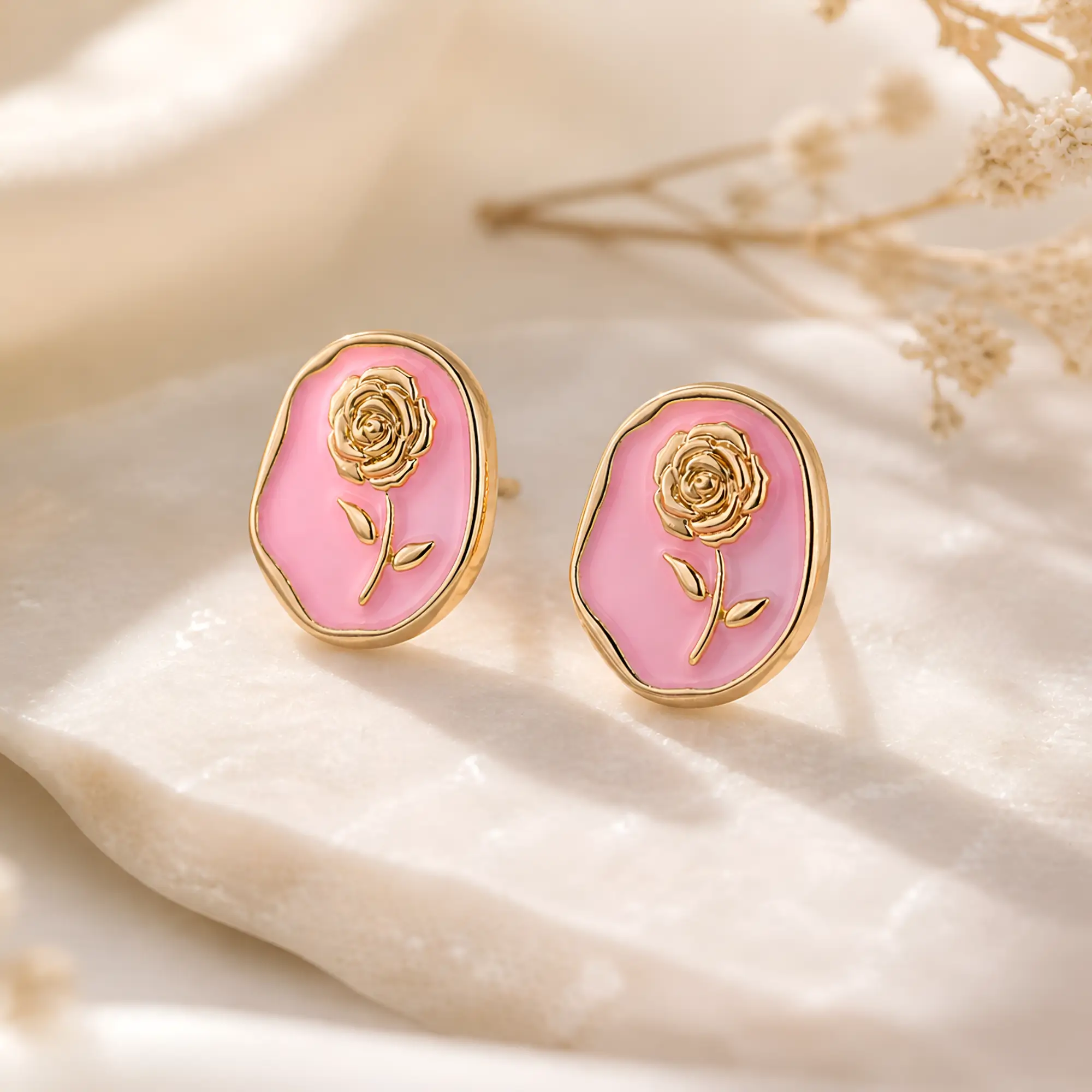 Pink Enamel Rose Stud Earrings for Women on themed bg