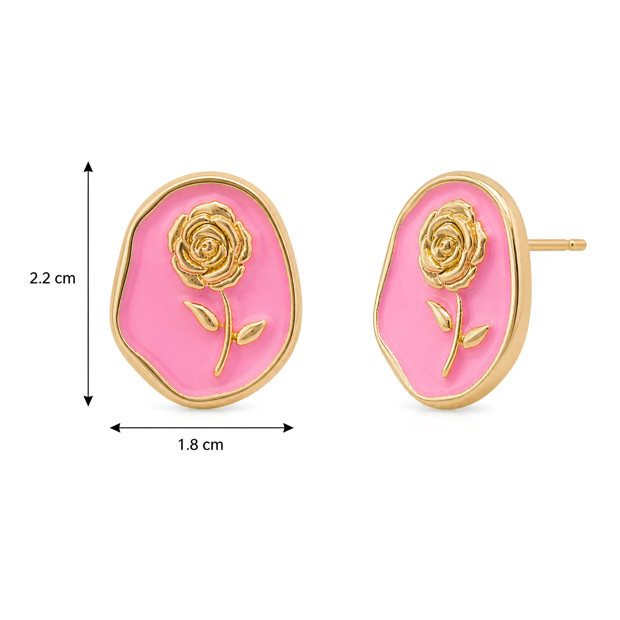 Pink Enamel Rose Stud Earrings for Women with measurements