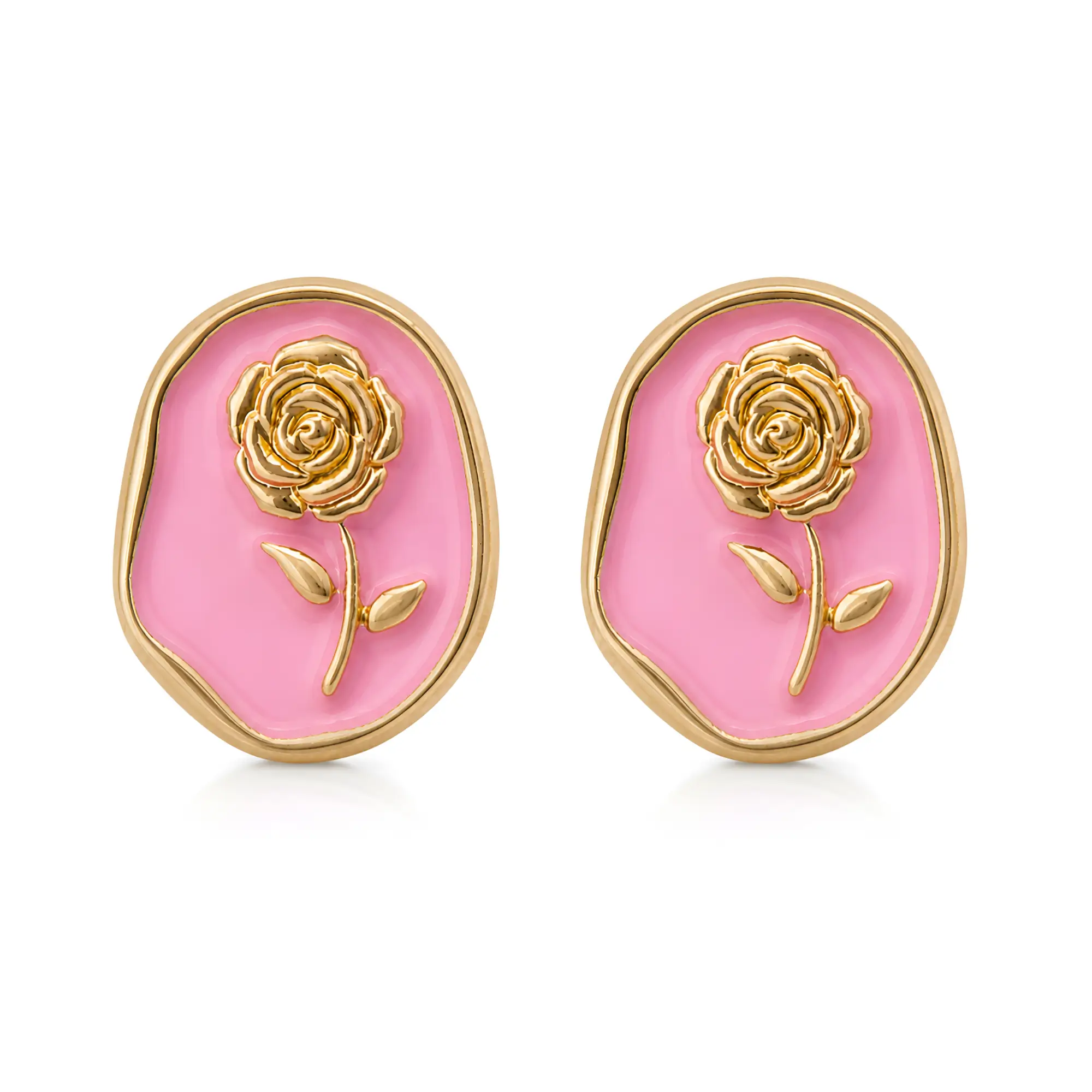 Pink Enamel Rose Stud Earrings for Women
