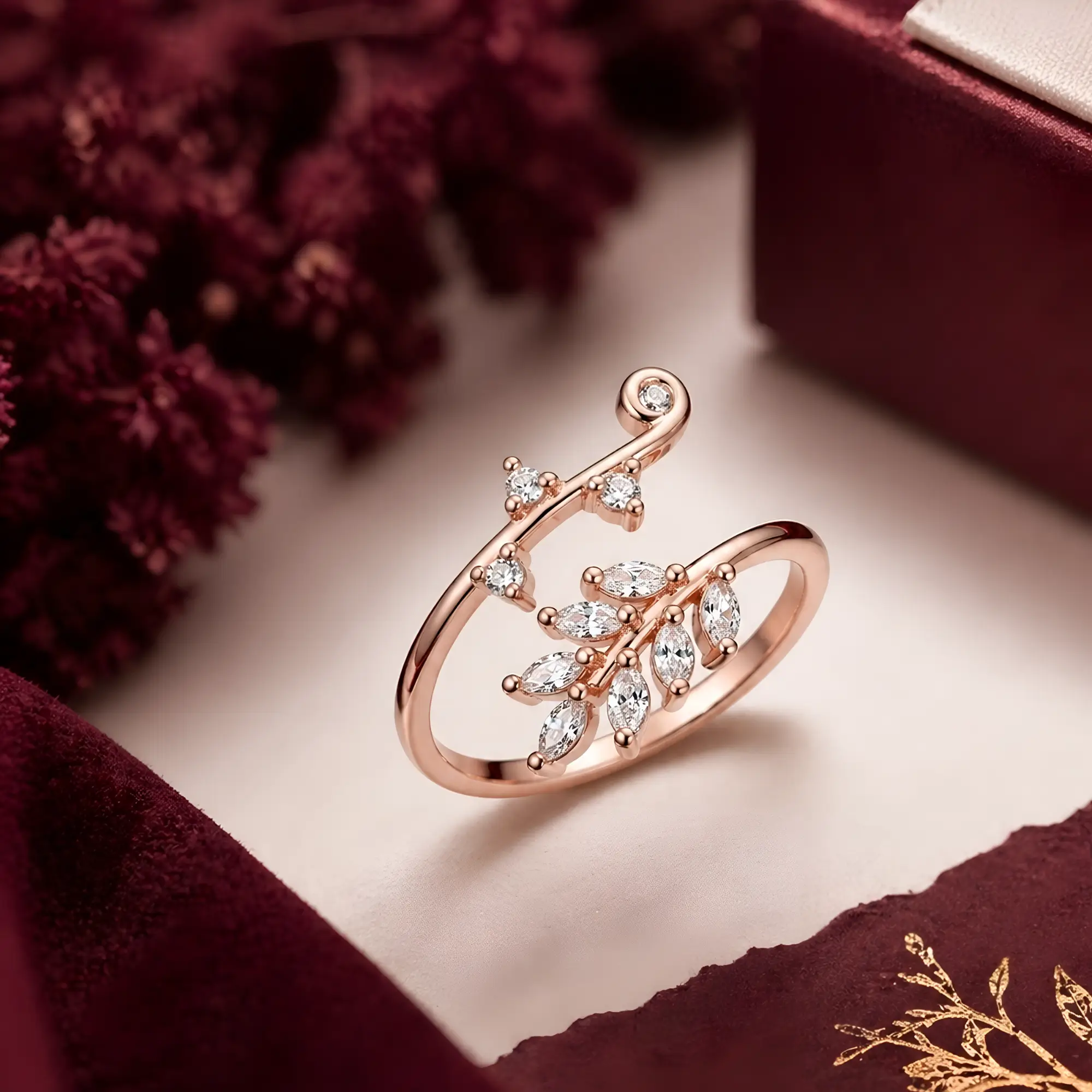 Rose Gold Plated Leaf Zircon Ring - Adjustable Crystal Branch Design with bg