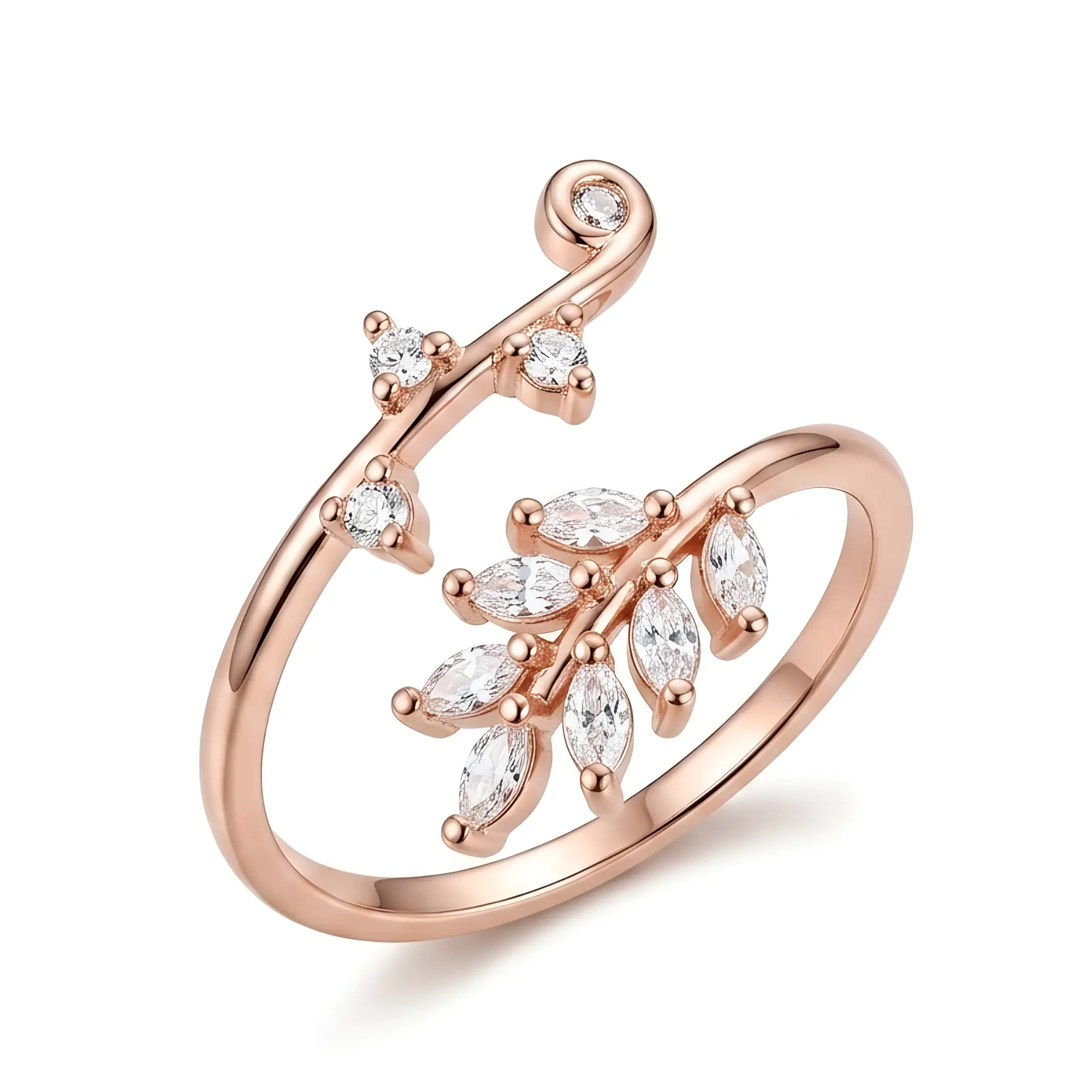 Rose Gold Plated Leaf Zircon Ring - Adjustable Crystal Branch Design