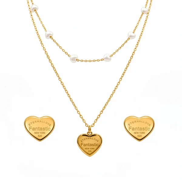 Stylish Gold Plated Double Layer Heart Pendant Necklace for Women Pearl Chain Elegant Daily Wear Jewelry