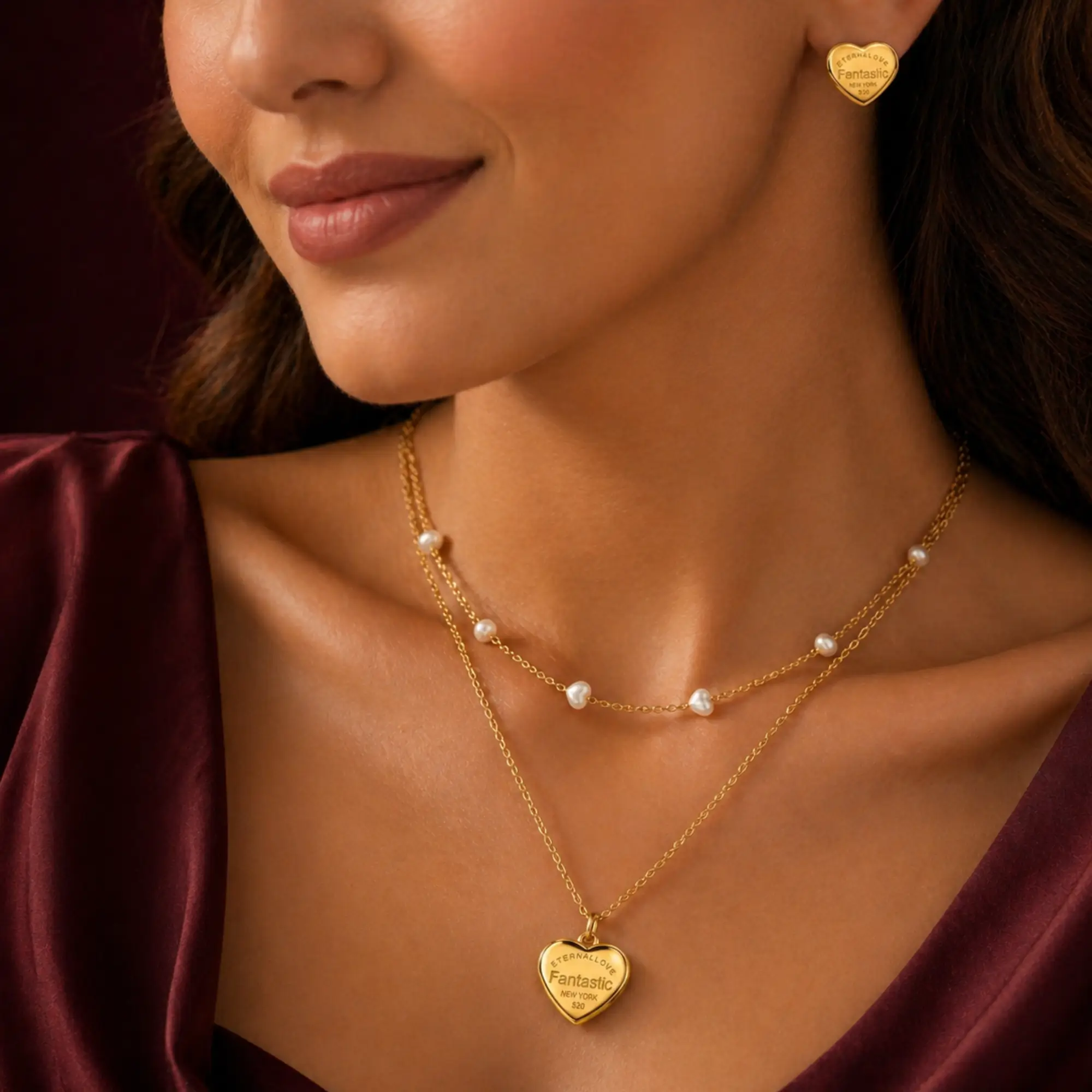 Stylish Gold Plated Double Layer Heart Pendant Necklace for Women Pearl Chain Elegant Daily Wear Jewelry on model