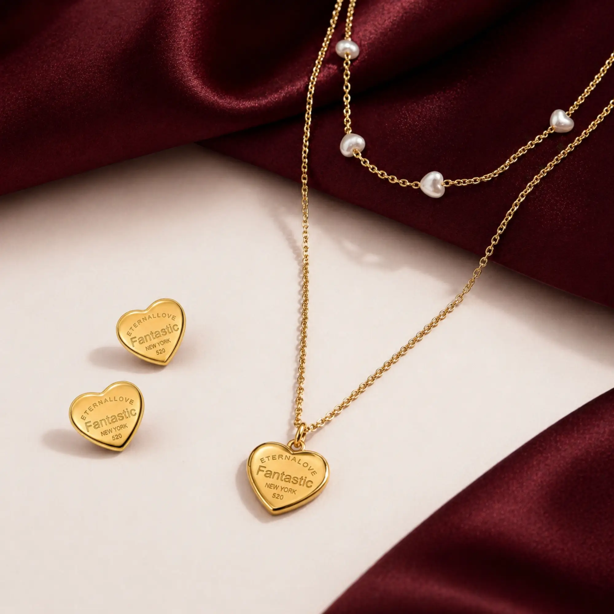 Stylish Gold Plated Double Layer Heart Pendant Necklace for Women Pearl Chain Elegant Daily Wear Jewelry with bg