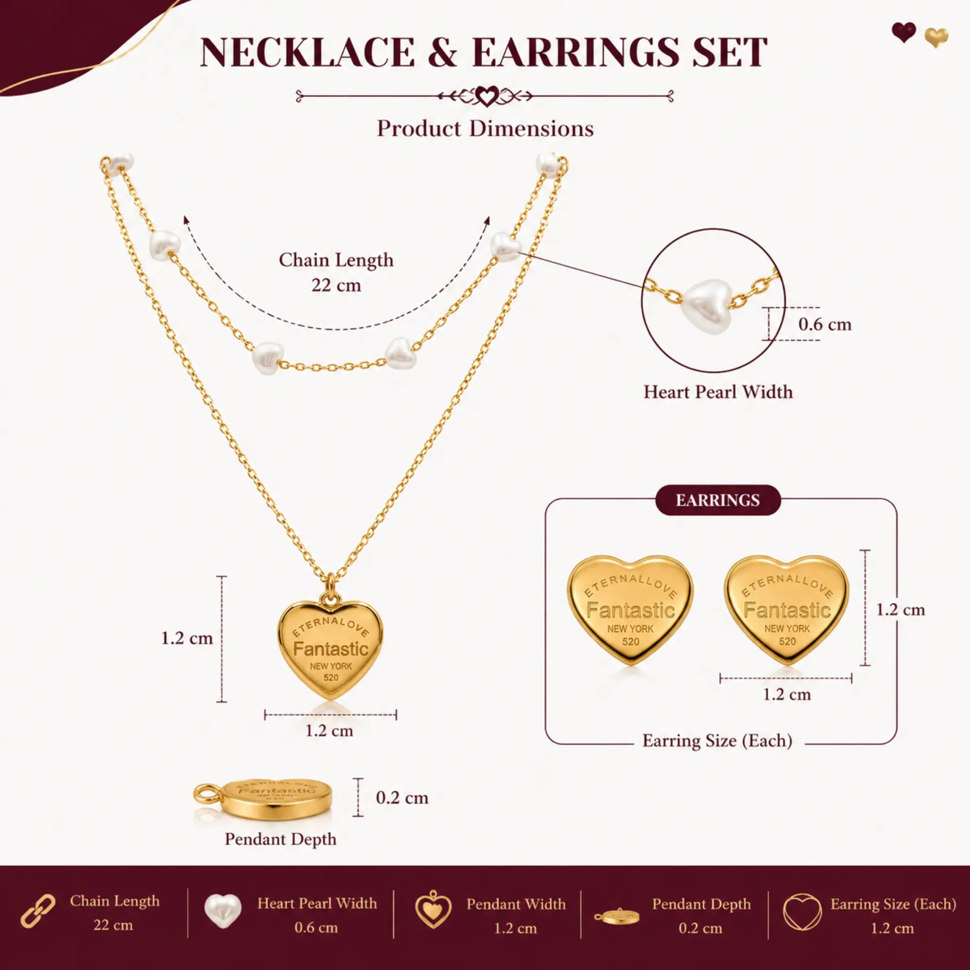 Stylish Gold Plated Double Layer Heart Pendant Necklace for Women Pearl Chain Elegant Daily Wear Jewelry with measurement