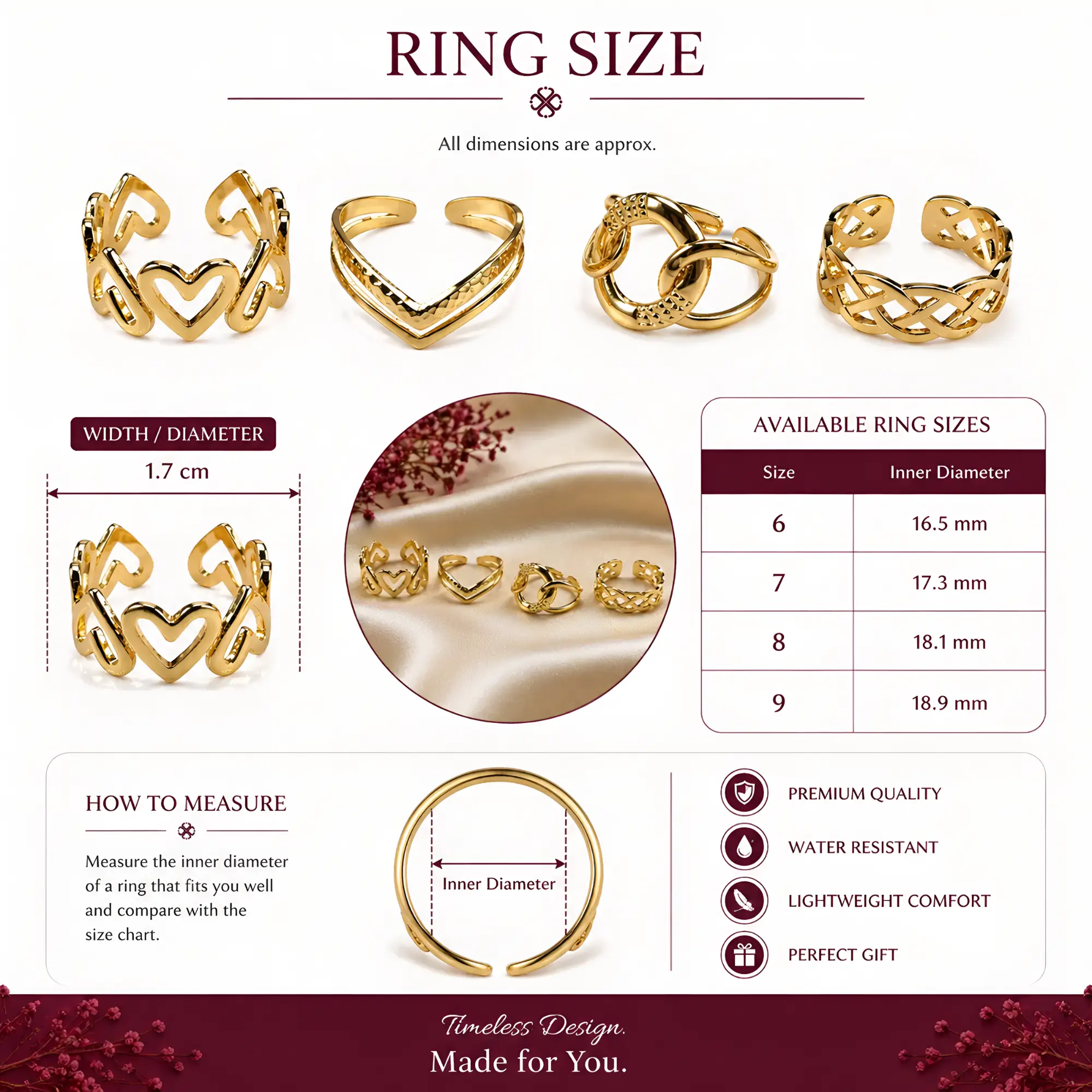 Stylish Gold-Plated Ring set of 4 with measuremnets