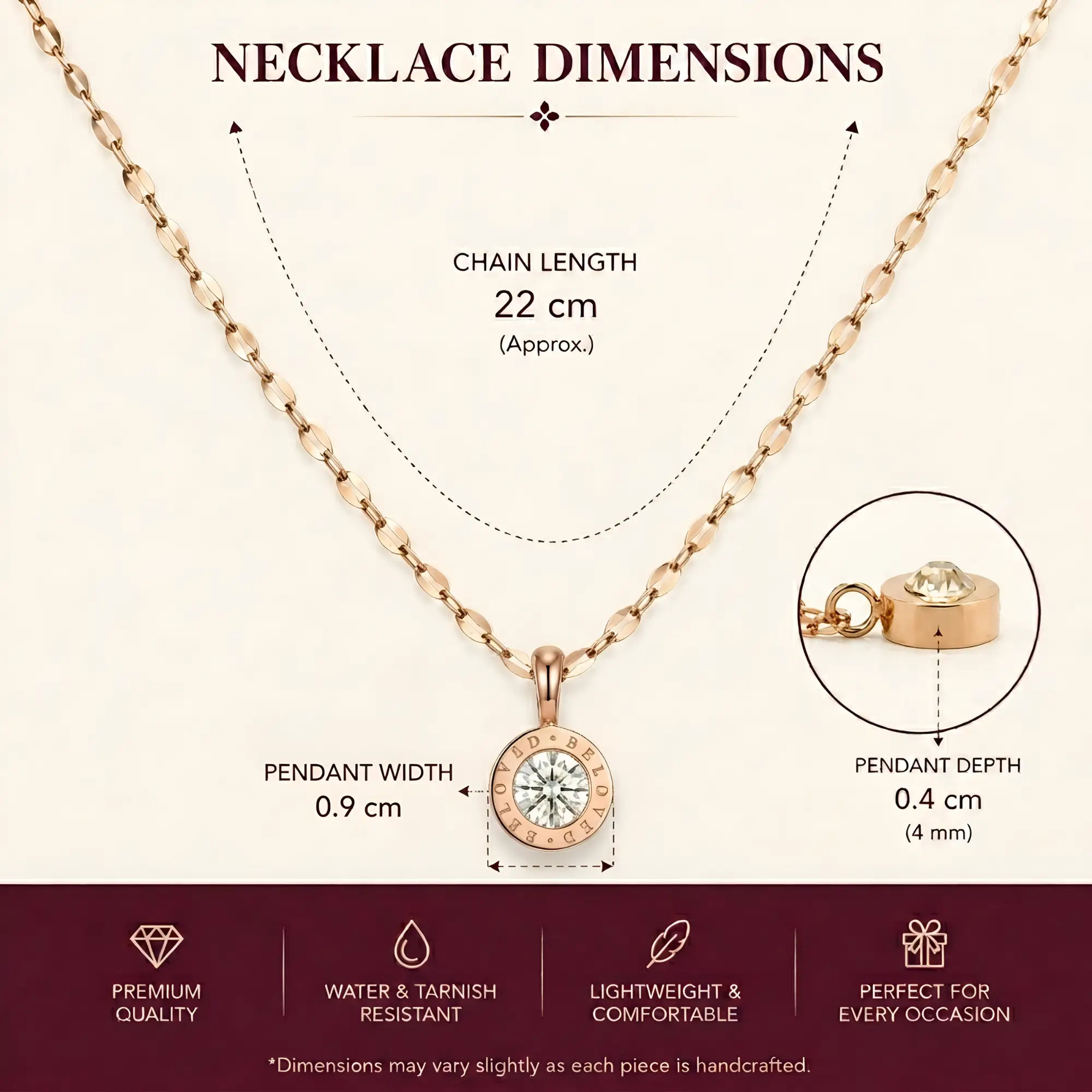 Stylish Rose Gold Plated Round Pendant Necklace for Women Crystal Stone Engraved Design Chain Elegant Daily Wear Jewelry on model with measurement