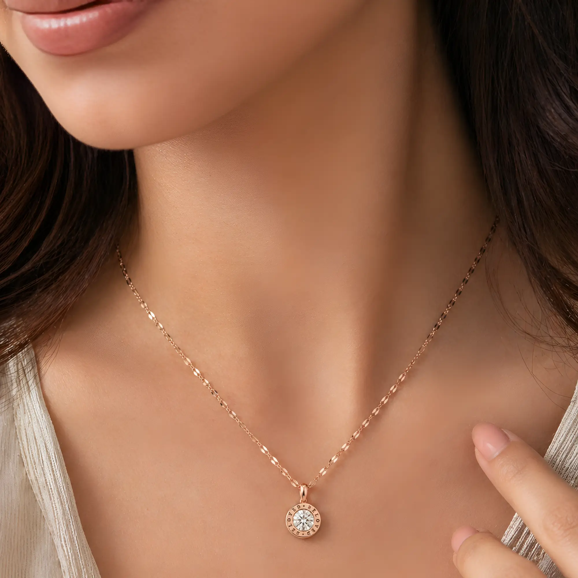 Stylish Rose Gold Plated Round Pendant Necklace for Women Crystal Stone Engraved Design Chain Elegant Daily Wear Jewelry on model
