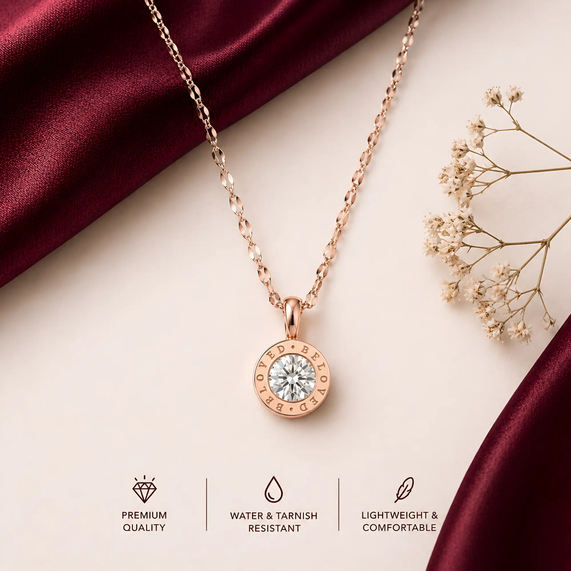 Stylish Rose Gold Plated Round Pendant Necklace for Women Crystal Stone Engraved Design Chain Elegant Daily Wear Jewelry with bg