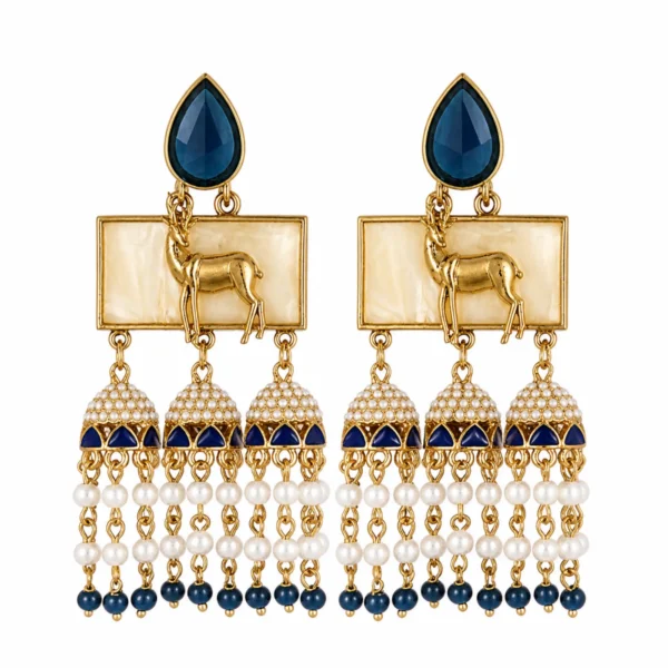 Traditional Gold Plated Pearl Jhumka Earrings for Women & Girls Blue Stone Long Chandbali Drop Earrings Ethnic Party Wear Jewelry
