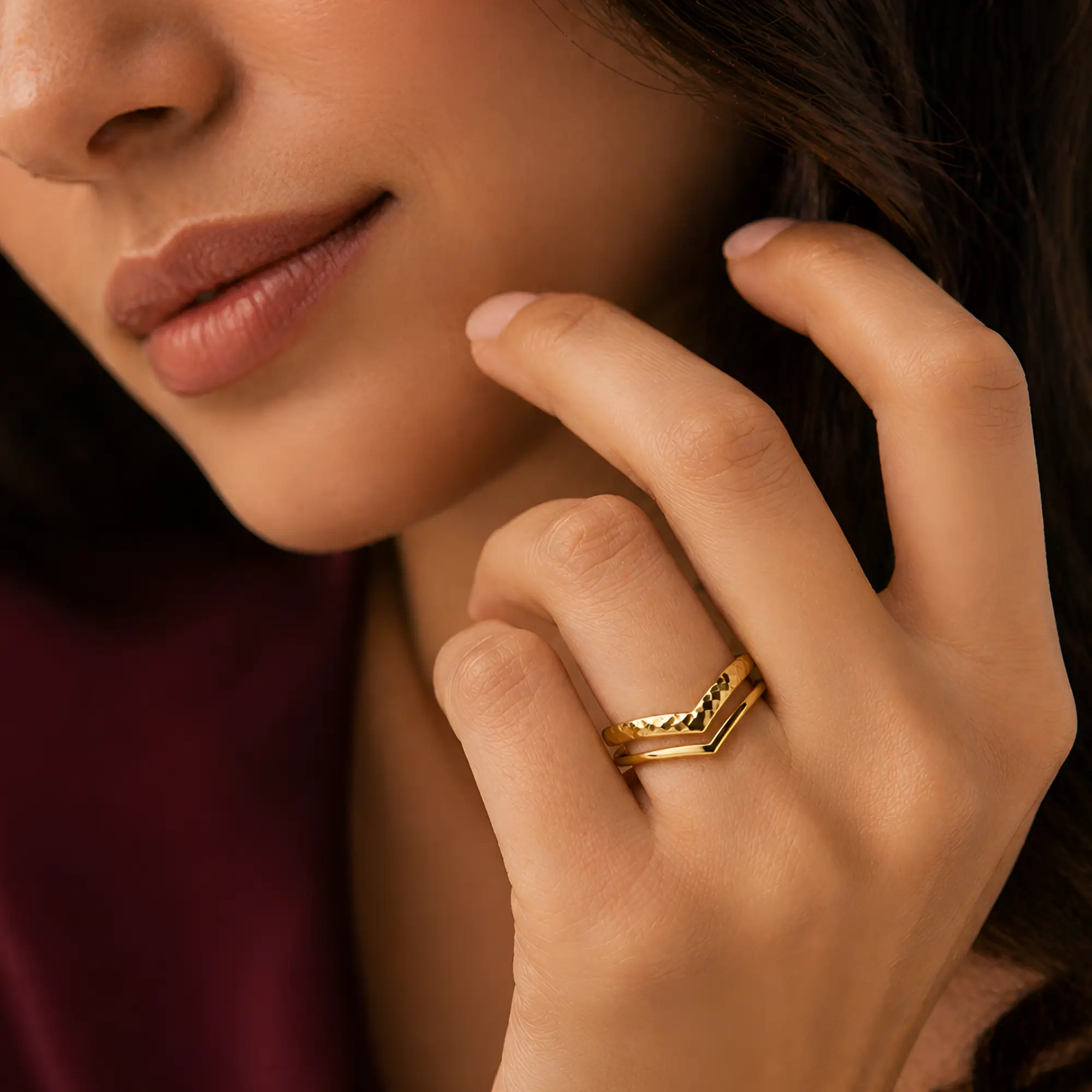 Vinsha Adjustable Ring – V-Shaped Chevron Design on model
