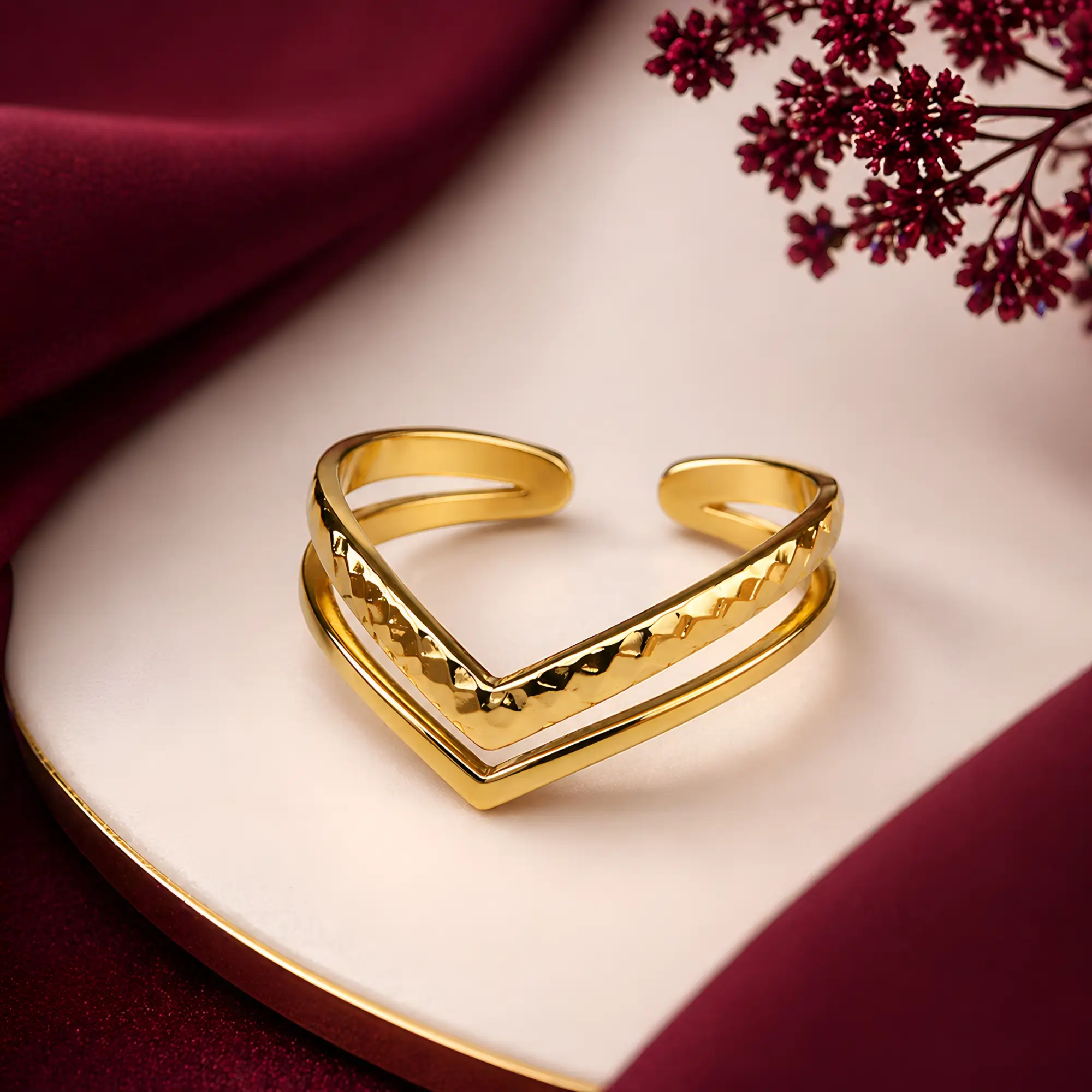 Vinsha Adjustable Ring – V-Shaped Chevron Design on themed background