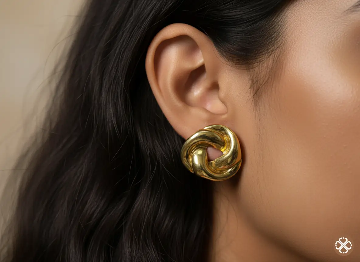 Gold Plated knot stud earrings on model